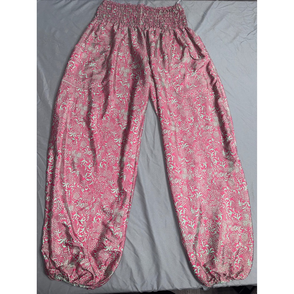 India Boutique Pink Mint Paisley Smocked Waist Harem Pants Boho Free Size